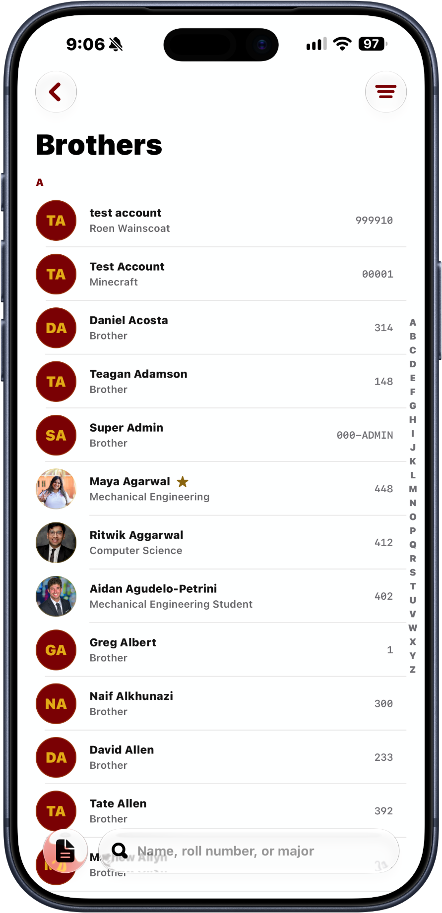 The brothers directory showing chapter members with roll numbers and majors