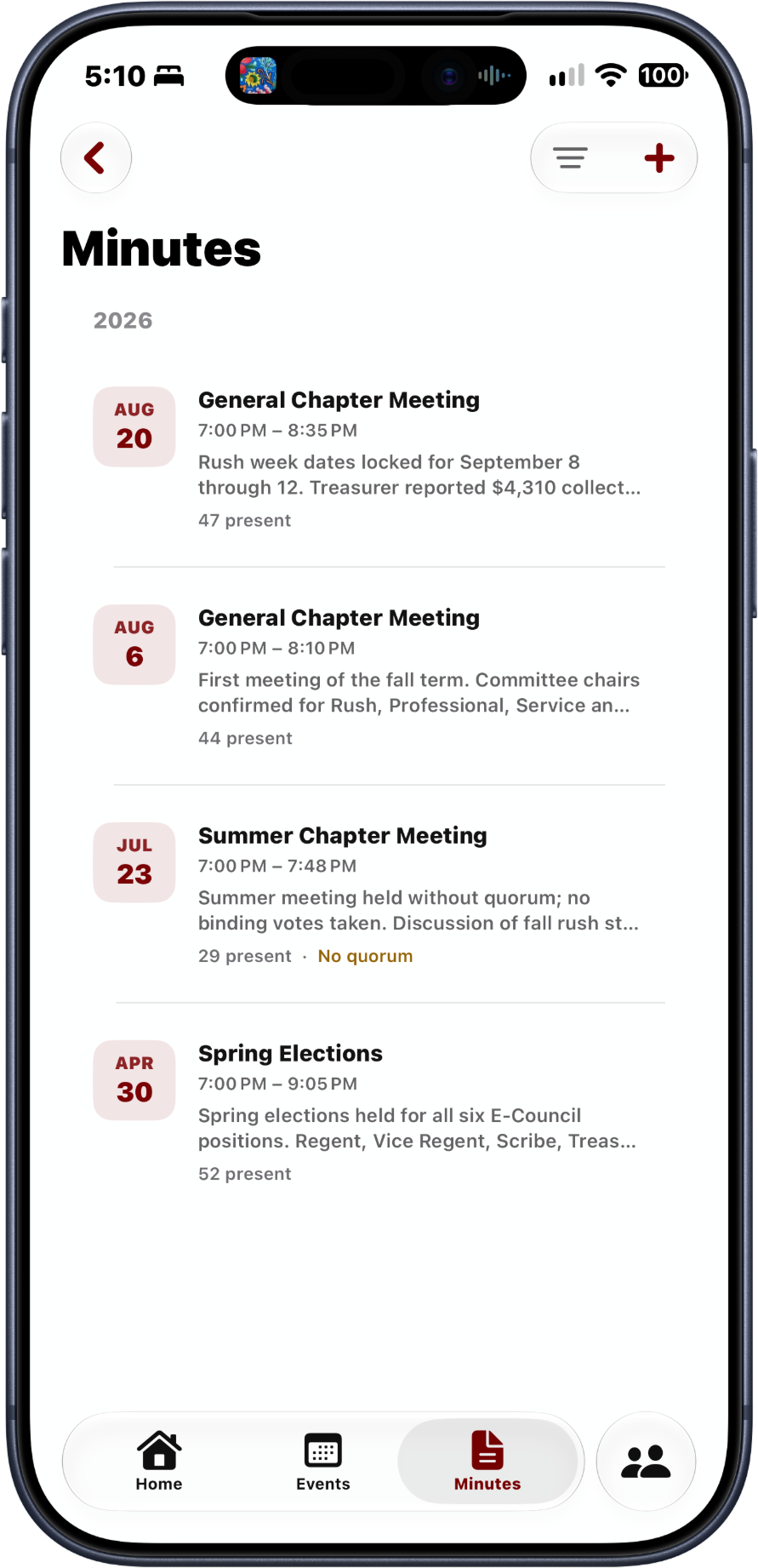 The minutes screen listing chapter meetings by date with attendance counts
