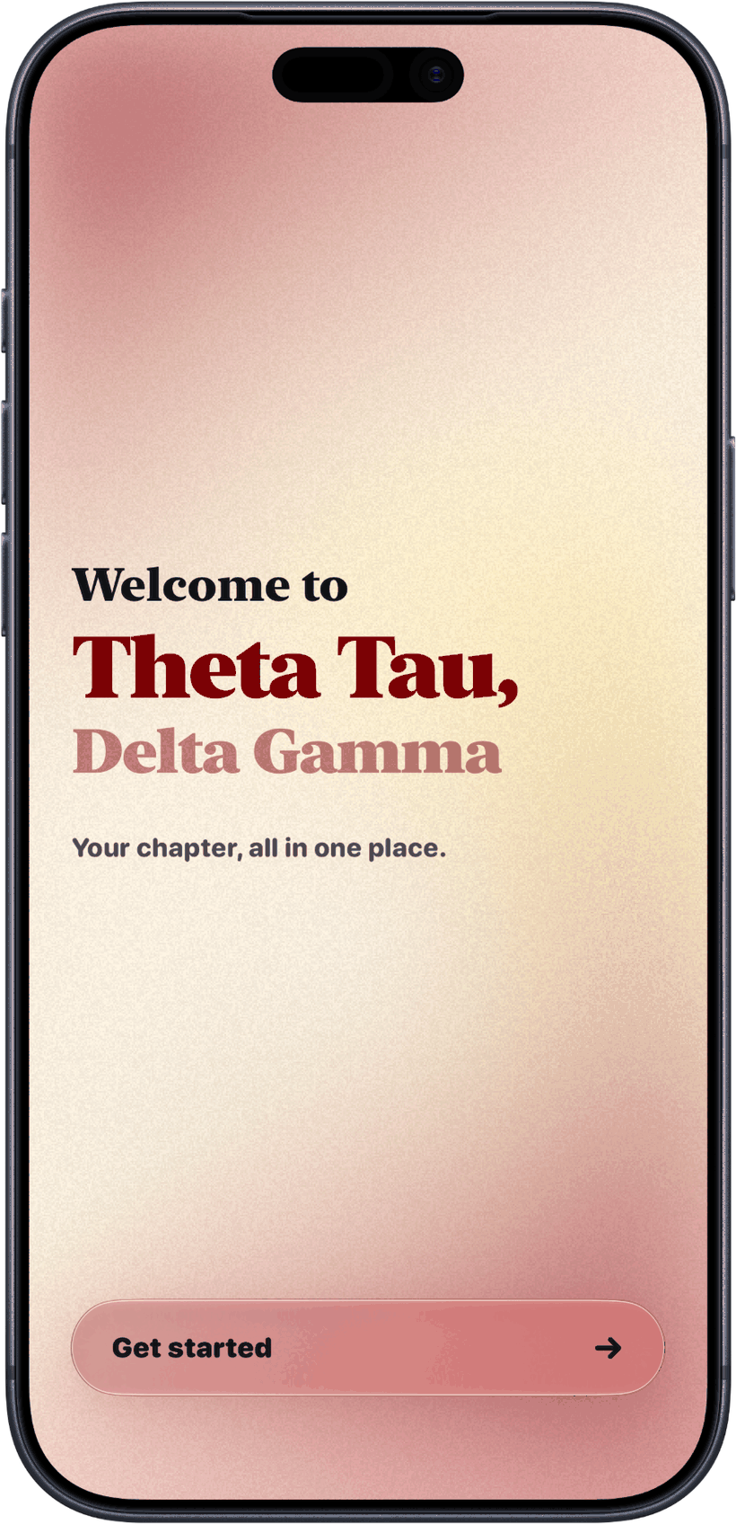 The Theta Tau member app welcome screen on an iPhone