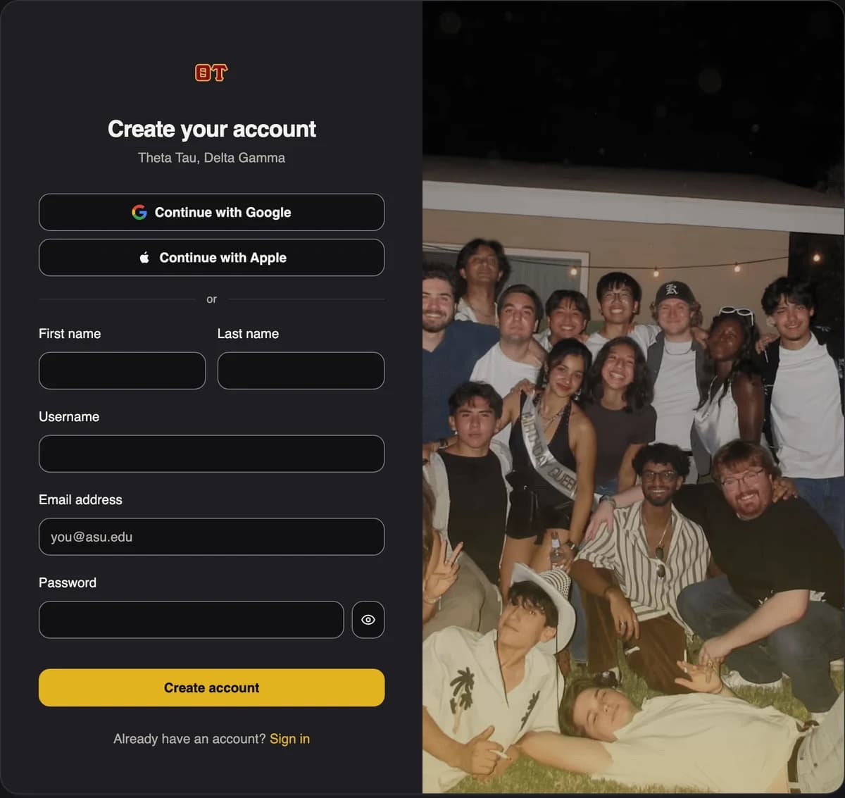 The Theta Tau sign-up page, with buttons to continue with Google or Apple above fields for first name, last name, email address, and password.