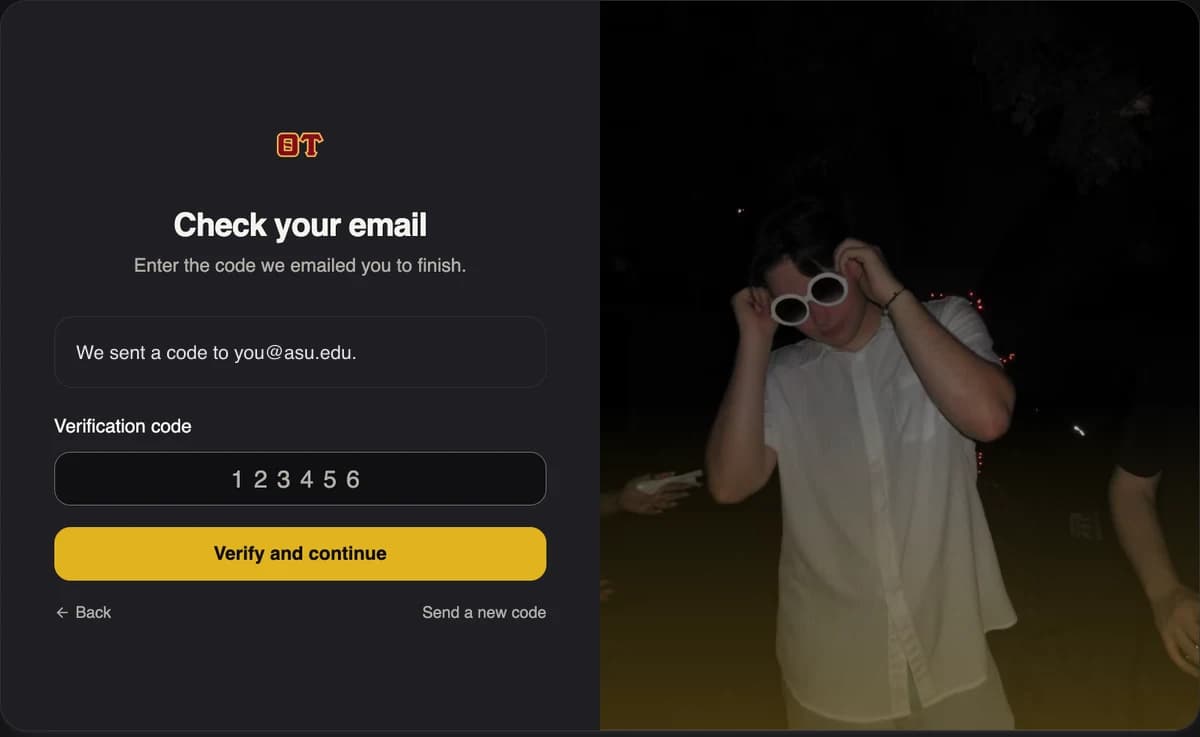 A screen reading Check your email, with a box for the six digit verification code and a button that says Verify and continue.