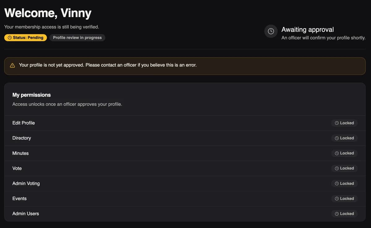 The member home page showing a status of Pending, the words Awaiting approval, and a list of locked member tools.